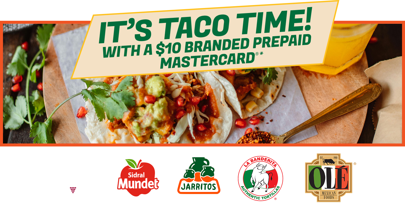 an image containing the headline "It's Taco time!" , pictures of tacos and brands like jarritos, la banderita, ole mexican foods and senorial